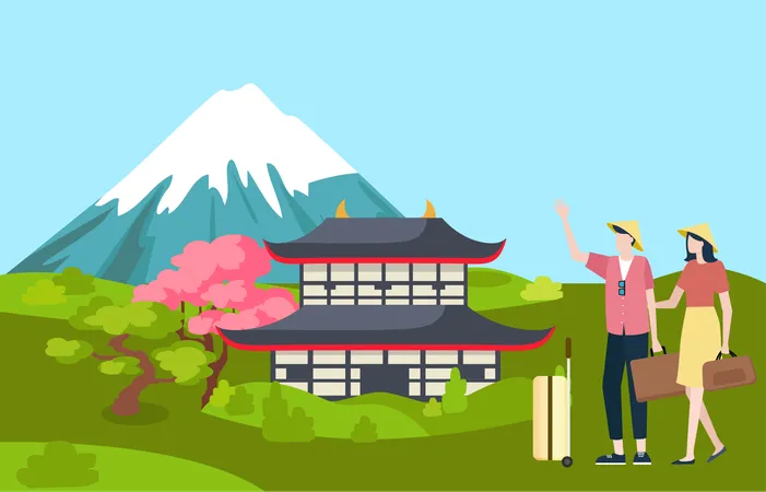 Japan Green Landscape Traditional Asian View Sakura Tree And Kawaguchi Near High Mountain With White Top Travelers Man And Woman With Bags Vector Illustration