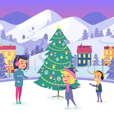 People On Icerink Near Adorned Evergreen Tree In Decorated Christmas Town Landscape Vector Cartoon Illustration In Flat Design Of Celebrating New Year And Spending Xmas Winter Holidays Outdoors Illustration