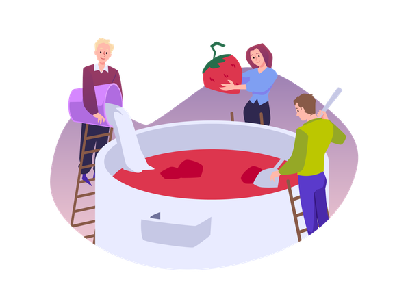People on ladder preparing tasty strawberry jam in huge pan  Illustration