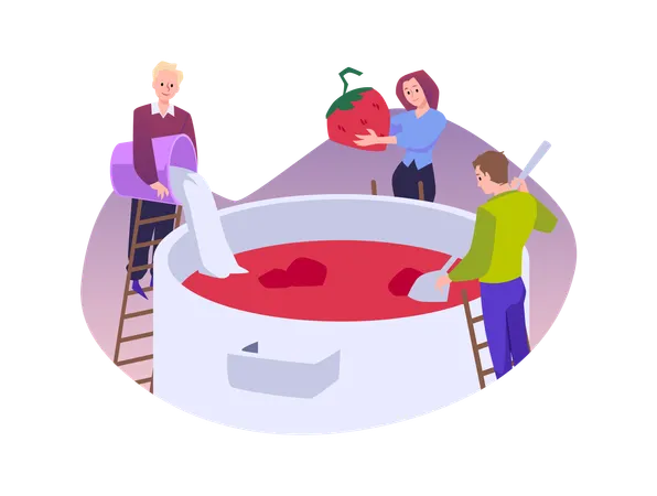 People on ladder preparing tasty strawberry jam in huge pan  Illustration