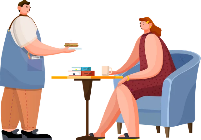 Two People On Date In Cafe On Lunch Man Bring Sandwich And Woman Drinking Hot Coffee Or Tea Armchair And Single Leg Table With Books On It Cozy Place For Relax In Cafeteria Vector Illustration Illustration