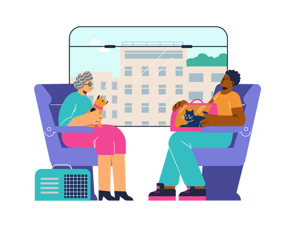 People on public transport with their pets  Illustration