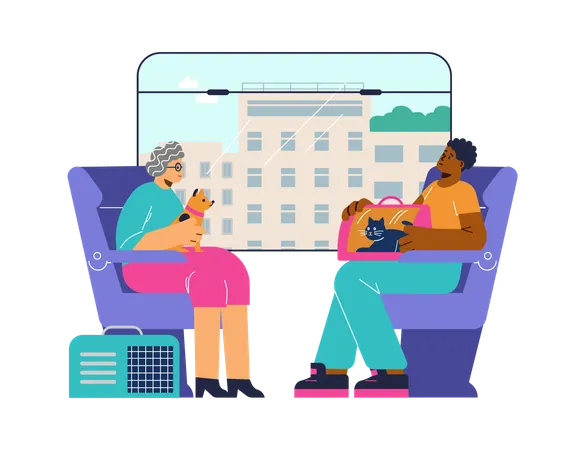 People on public transport with their pets  Illustration