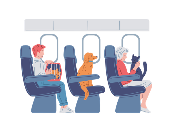 People on public transport with their pets  Illustration