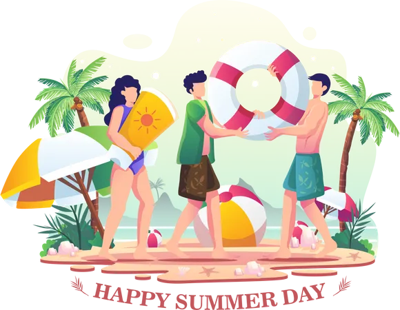 Happy Summer Day People Enjoying Summer On The Beach Flat Vector Illustration Illustration