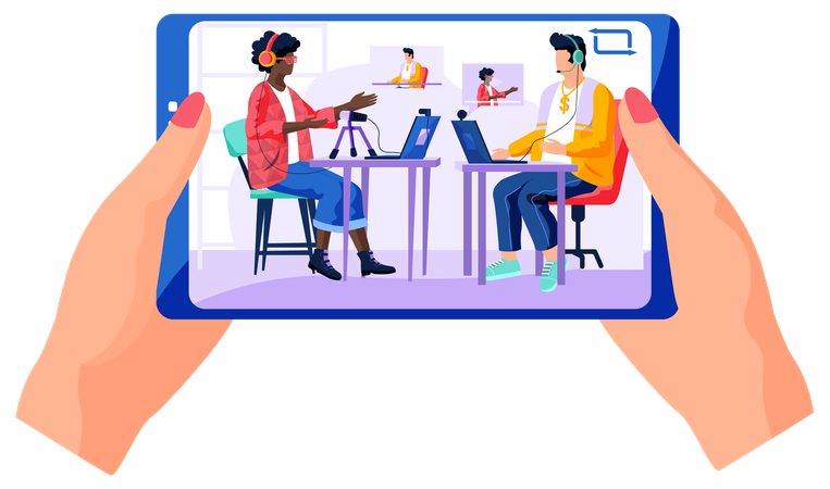 People on the screen communicate in the studio  Illustration