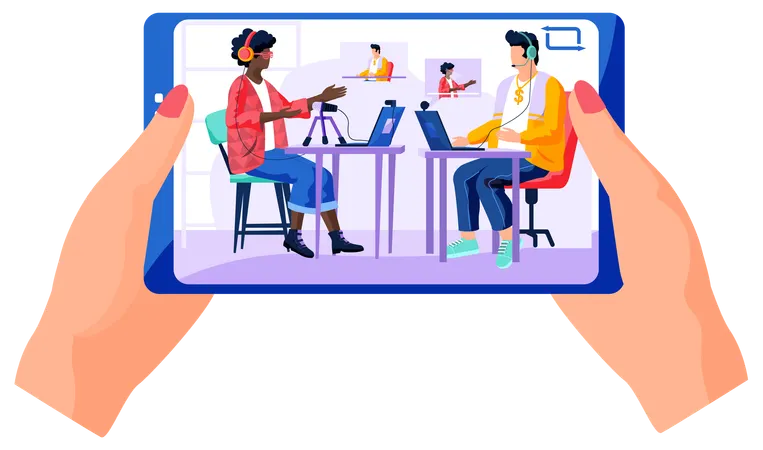People on the screen communicate in the studio  Illustration