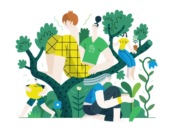 Greenery Ecology Modern Flat Vector Concept Illustration Of People On A Tree Surrounded By Plants Metaphor Of Environmental Sustainability And Protection Closeness To Nature 일러스트레이션