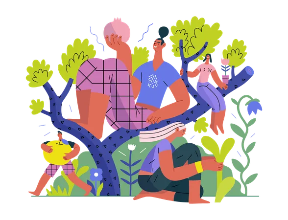 Greenery Ecology Modern Flat Vector Concept Illustration Of People On A Tree Surrounded By Plants Metaphor Of Environmental Sustainability And Protection Closeness To Nature Illustration