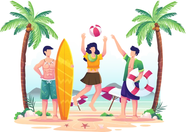 Happy People Playing On The Beach On A Summer Day Flat Vector Illustration Illustration