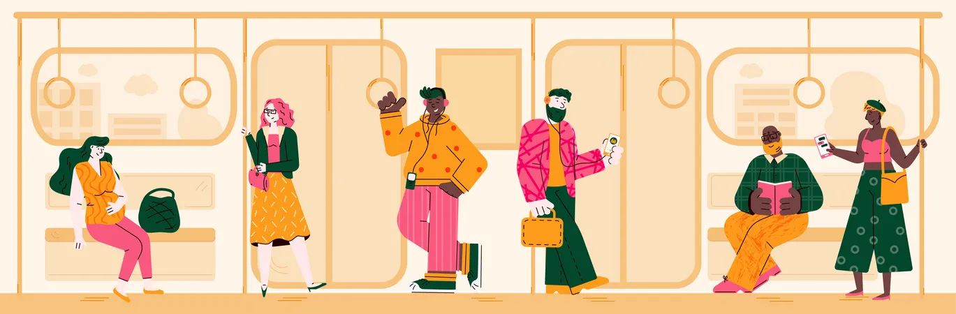 People on way to home via train Illustration