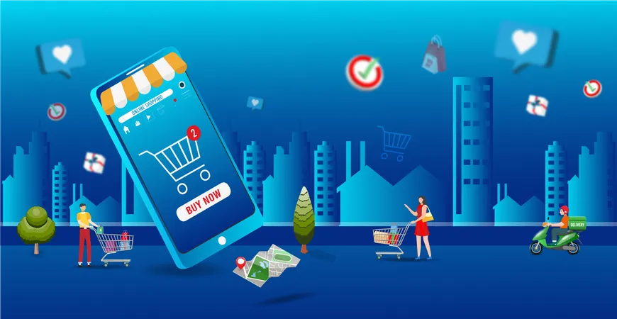 People online shopping on mobile Illustration