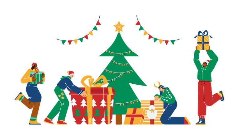 People opening gift box under Christmas tree  Illustration