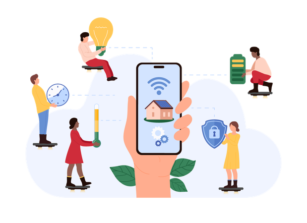 People operating smart home using mobile  Illustration