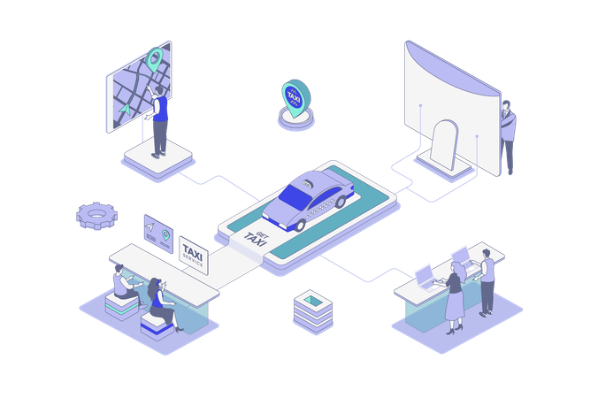 People ordering car online with mobile app and passenger tracking route at digital map in application  Illustration