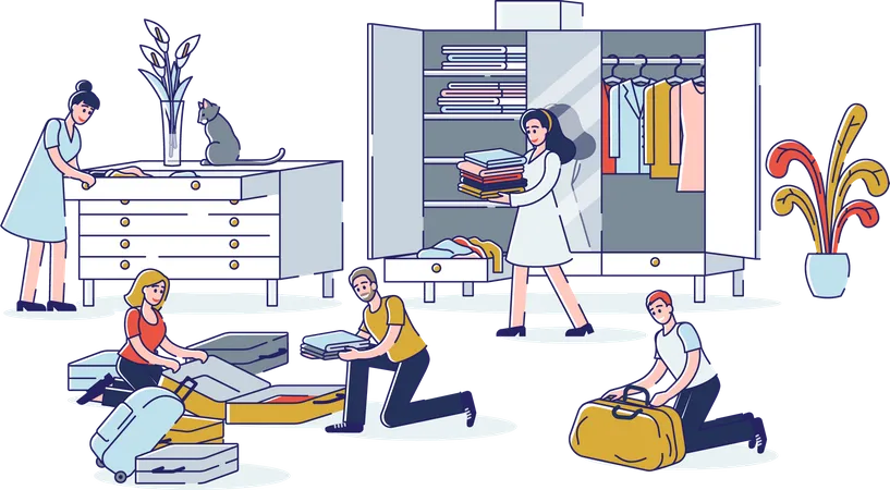 People Packing For Luggage Travel Young Men And Women Putting Clothes And Stuff From Wardrobe In Suitcases Preparing Clothing For Vacation Journey Or Moving To New Home Linear Vector Illustration Illustration