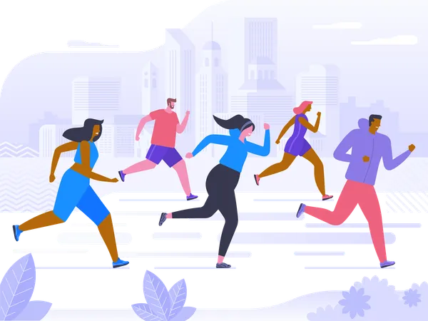 Marathon Competition Outdoor Workout Or Exercise Athletics Men And Women Dressed In Sportswear Jogging Or Running Through Park Healthy Active Lifestyle Flat Cartoon Colorful Vector Illustration イラスト