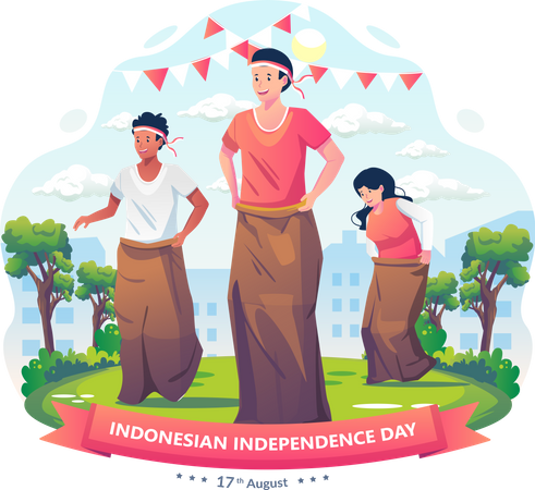 People participating in Sack Race Competition on Indonesian Independence Day Illustration