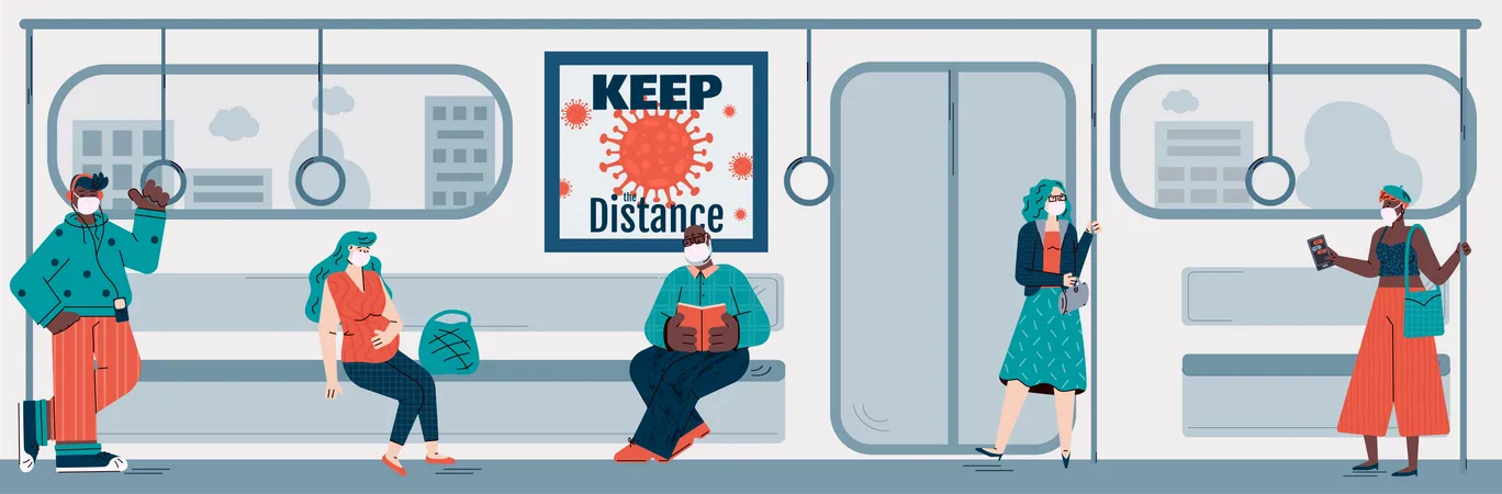 People passengers of subway keeping social distancing to avoid coronavirus epidemic increase Illustration