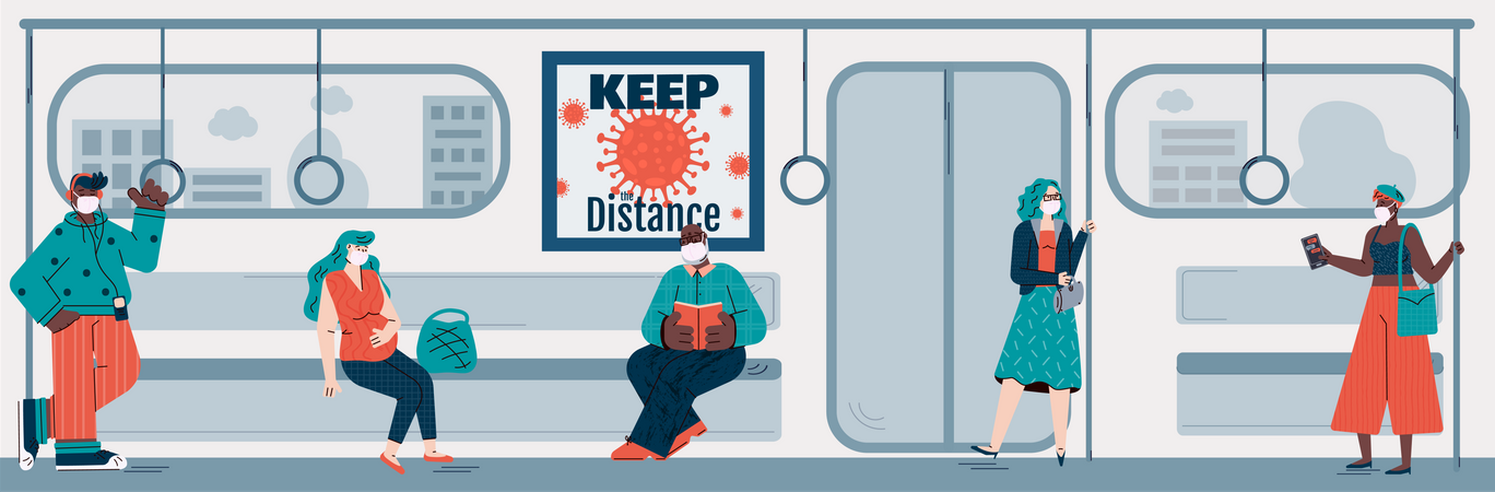 People passengers of subway keeping social distancing to avoid coronavirus epidemic increase  Illustration