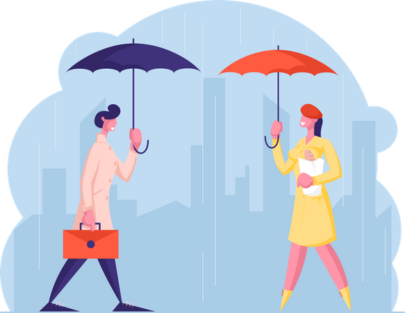 People passing by on street during monsoon Illustration