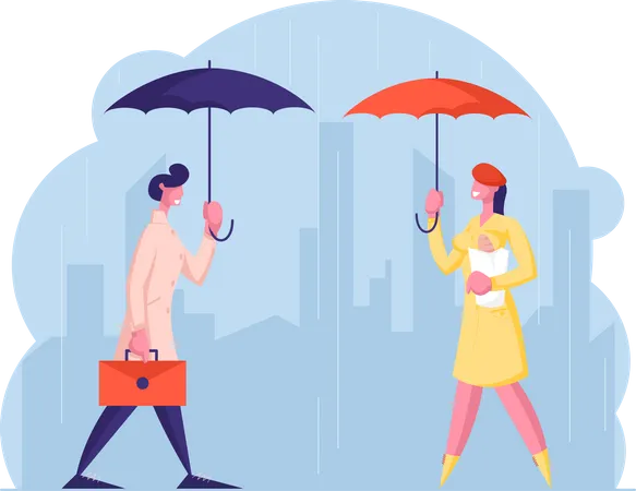 People passing by on street during monsoon Illustration