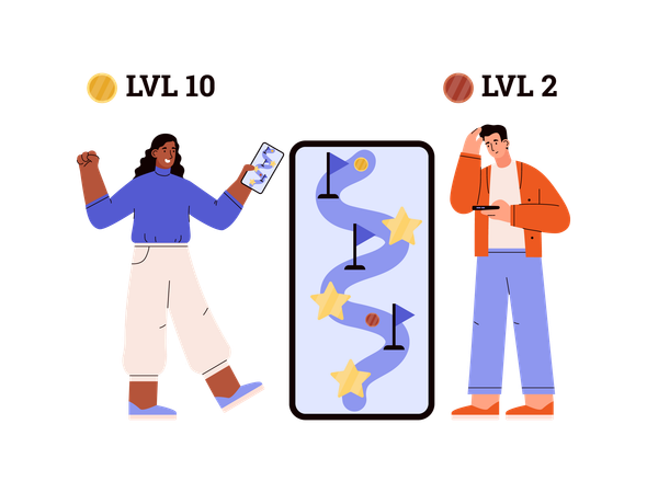 People passing game levels in mobile  Illustration