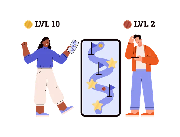 People passing game levels in mobile  Illustration