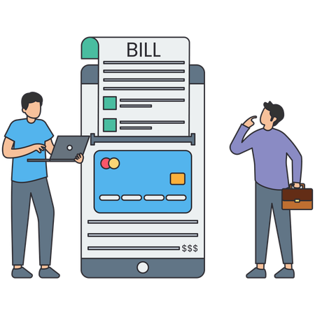 People paying bill via mobile app using card  Illustration