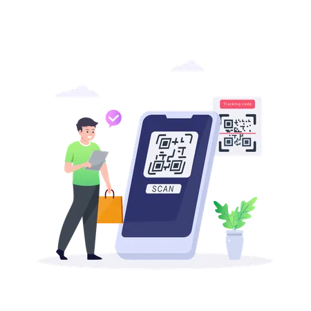 People Paying With QR Code In Supermarket Clothing Store And Hardware Store Illustration