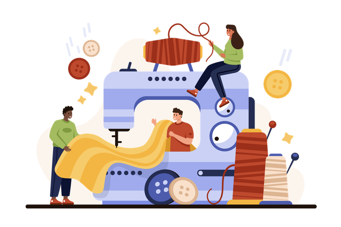 People people sew clothes on big sewing machine  Illustration