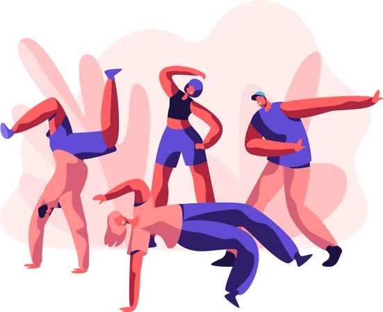 Person Dancing Breakdance Freestyle Party Youth Teenager People Show Flexible And Acrobatic Activity Lifestyle Cool Extreme Sport For Street Dance And Music Flat Cartoon Vector Illustration イラスト