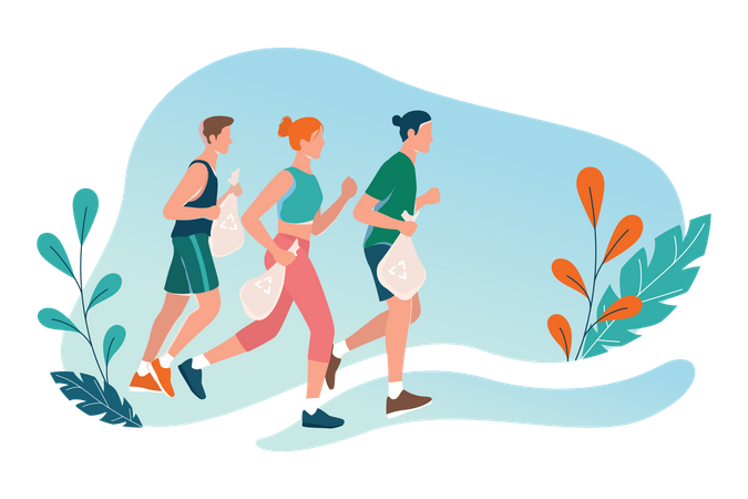 People pick up trash during a jog  Illustration