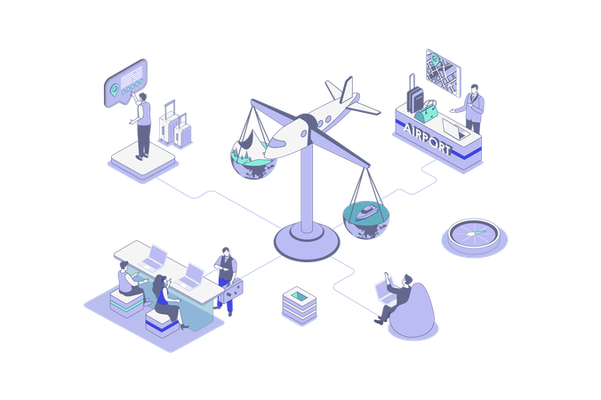 People planning vacation trip while booking flight tickets with luggage Illustration