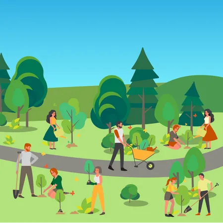 People plant a tree in the park Illustration