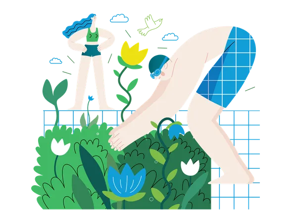 Greenery Ecology Modern Flat Vector Concept Illustration Of People Around The Swimming Pool Of Plants And Flowers Metaphor Of Environmental Sustainability And Protection Closeness To Nature Illustration
