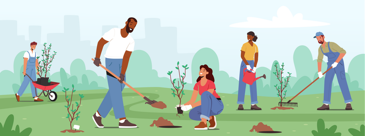 People Planting Seedlings And Growing Trees  Illustration