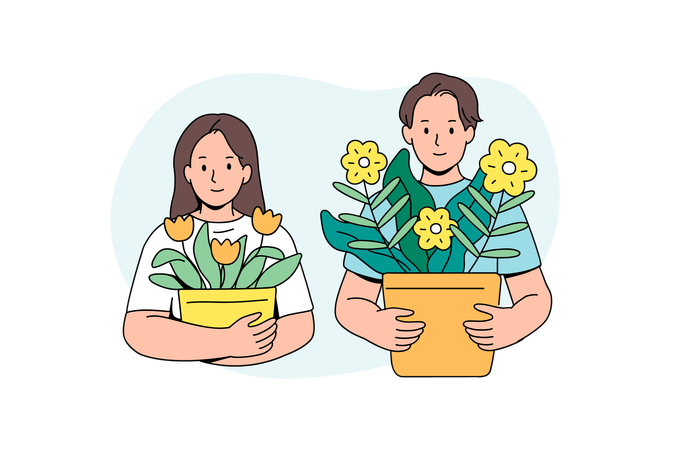 People planting trees  flowers  Illustration