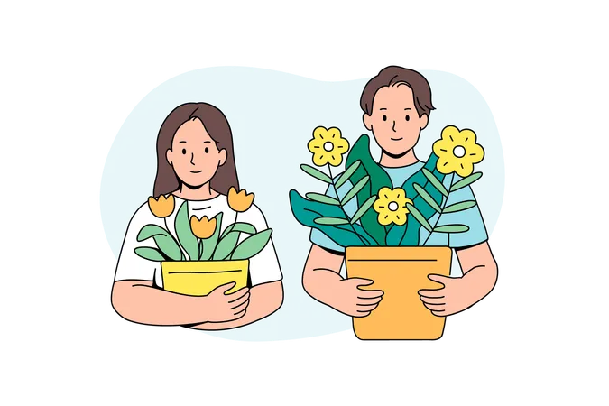 People planting trees  flowers  Illustration