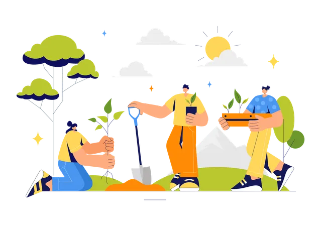 People planting trees on environment day  Illustration