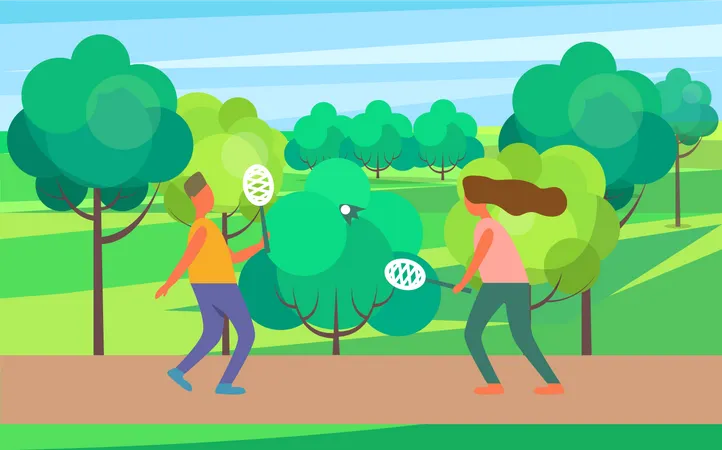 People Playing Badminton in public park  Illustration