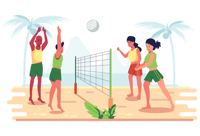 People playing beach volleyball Illustration