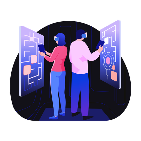 People playing escape room game  Illustration