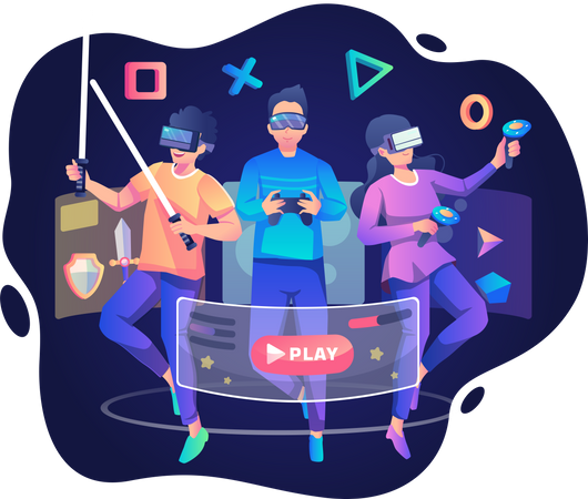People playing game In Virtual World Illustration