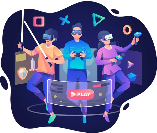 People playing game In Virtual World  Illustration