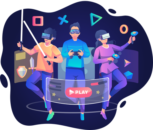 People playing game In Virtual World  Illustration