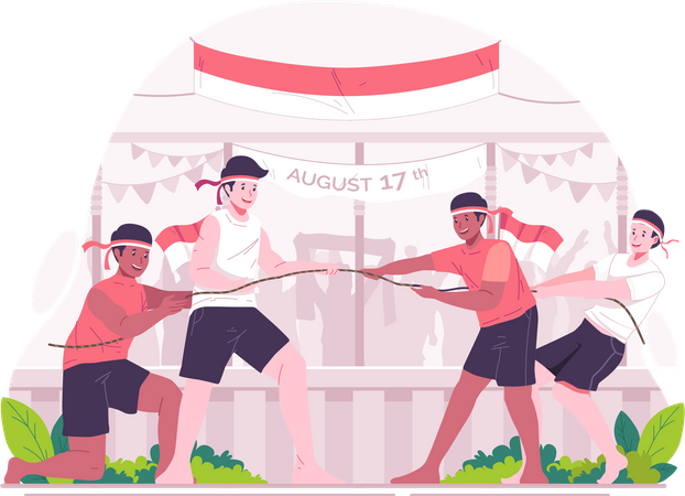 People playing game Tug of War or Tarik Tambang game competition on Indonesia Independence Day  Illustration