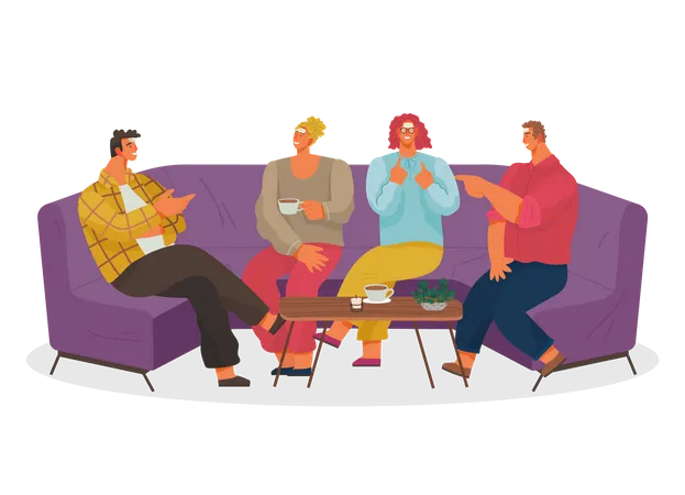 Friends On Weekends Playing Games And Drinking Coffee In Cafe Or Restaurant People Sitting On Cozy Sofa Enjoying Company And Beverages Clients Of Coffeehouse Having Fun In Bar Vector In Flat Illustration