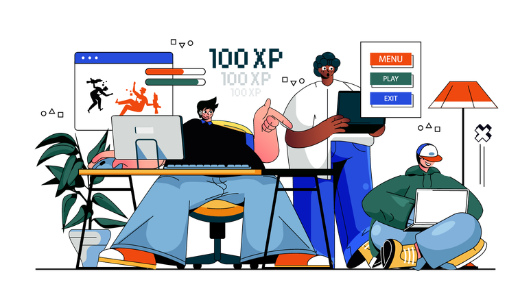People playing games online gaming by computer or laptop team taking part in e-sport competition  Illustration