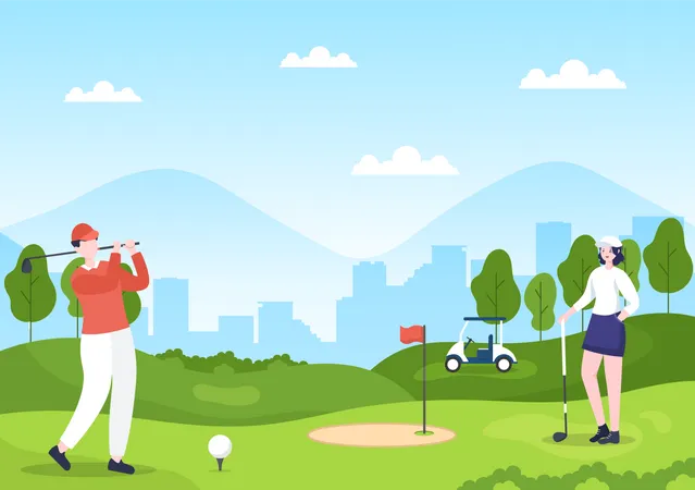 Playing Golf Sport With Flags Sand Ground Sand Bunker And Equipment On Outdoors Yard Green Plants In Flat Cartoon Background Illustration Illustration